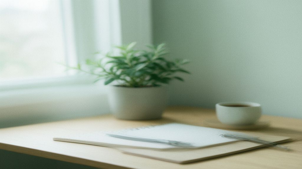 Peaceful workspace with natural light, clock, and coffee cup