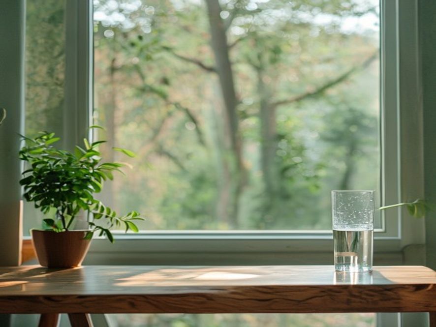Serene workspace corner with desk plant, water glass, and window view of trees